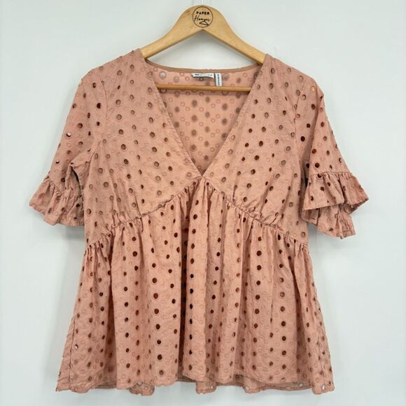 Asos Design Broderie Smock Babydoll Top with Fluted Sleeve in Mink, Sz 6, Lover - Picture 1 of 10